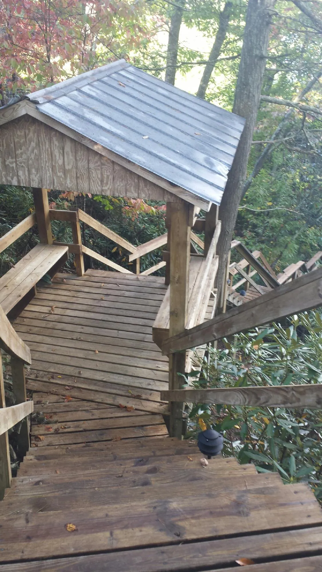 Metal roofed shelter over wooden steps on a wooded walkway — Skylight Repair & Installation work by our crew in Lone Wolf